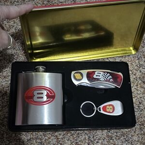 Dale Jr Silver and Red Flask Gift Set and Dale Earnhardt Clock